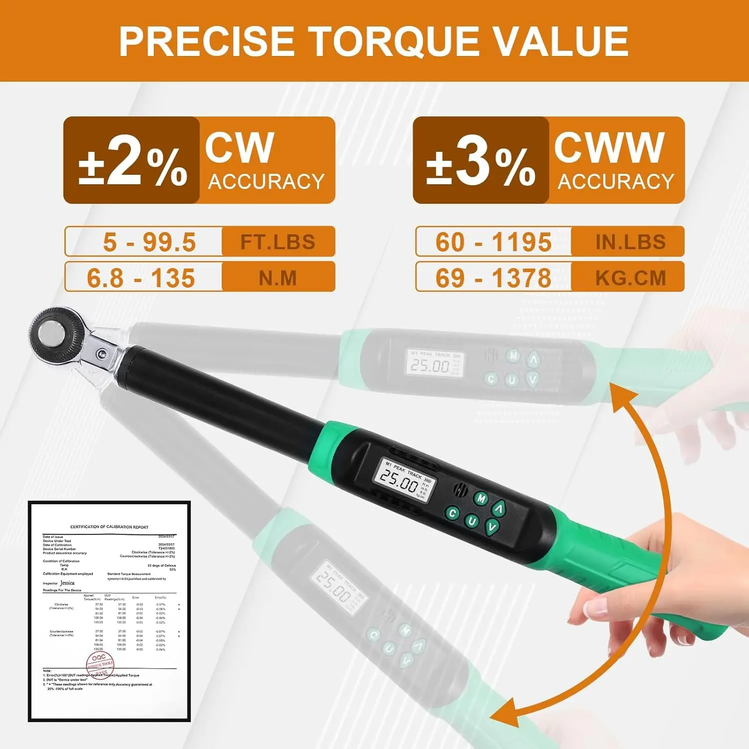 TLF Adjustable Digital Torque Wrench 5-99.6ft.lbs/6.8-135N.m 3/8"  Ratchet Head 5-35mm Jaw Buzzer and LED for Car Moto Repair