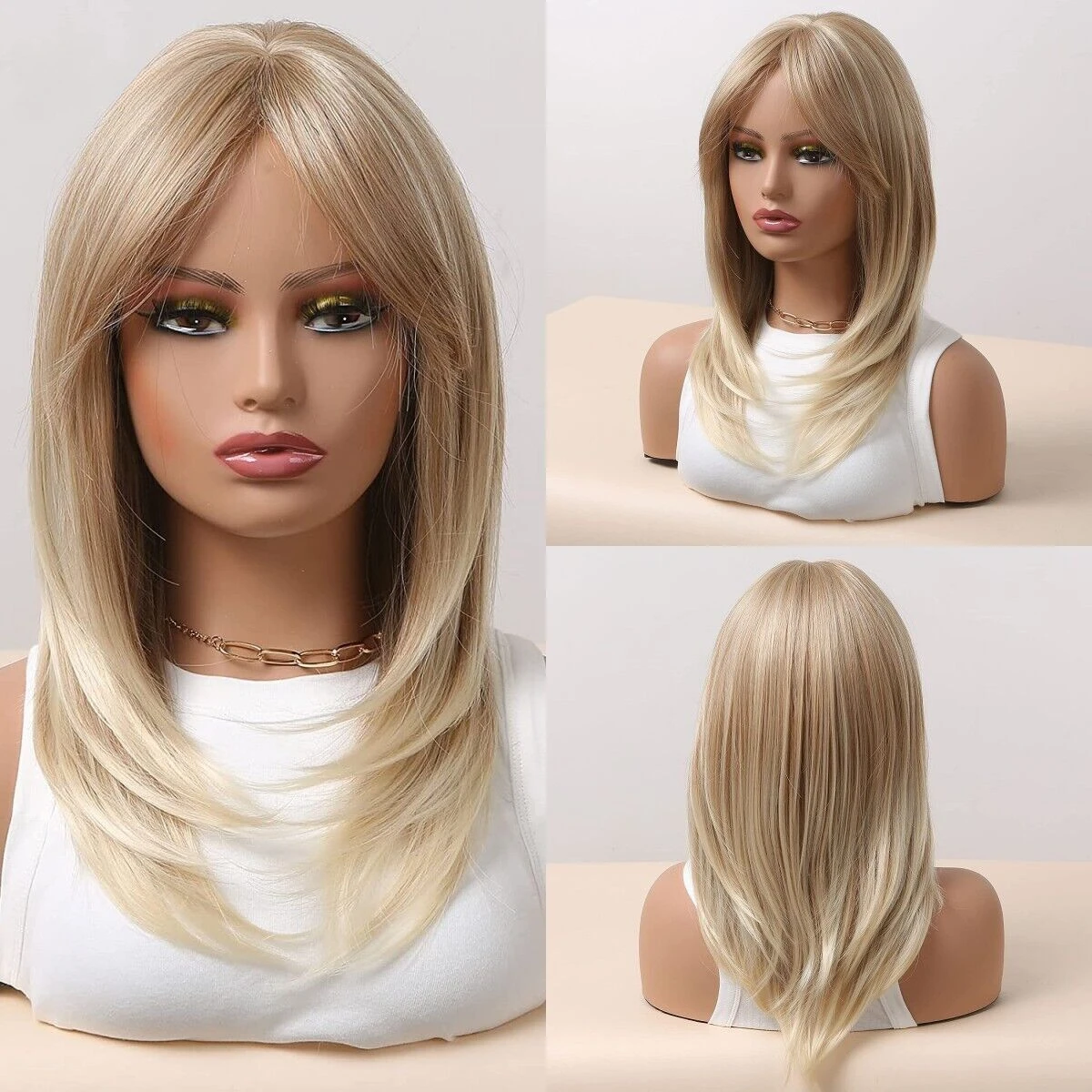 

Women Middle Straight Highlight Blonde Layered Wigs with Side Bangs Synthetic