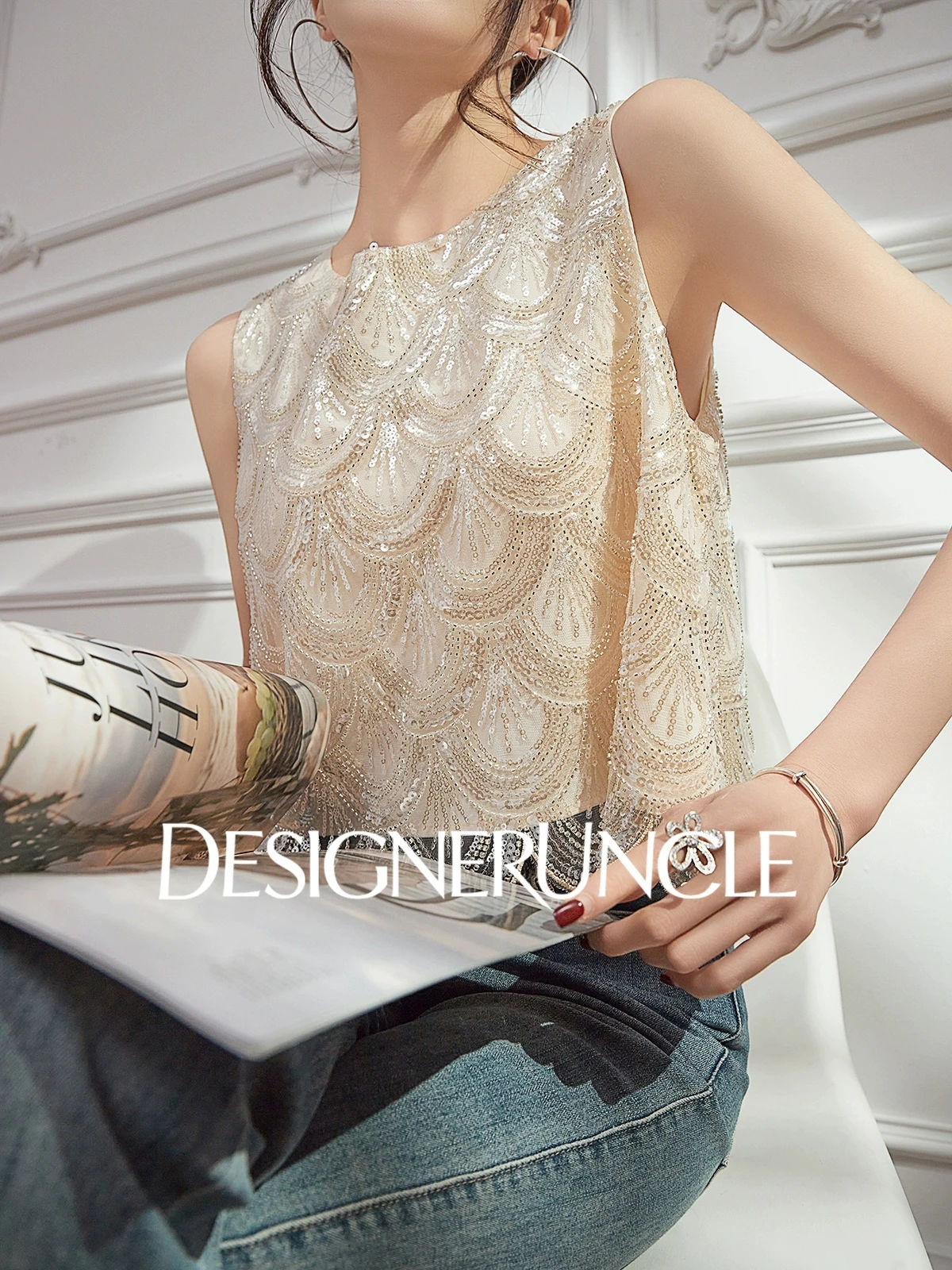 

Bling Bling Sequined Tanks Tops Women Fashion Heavy Industry Double-sided Beaded Vest Vacation Leisure Beaded Chiffon Top