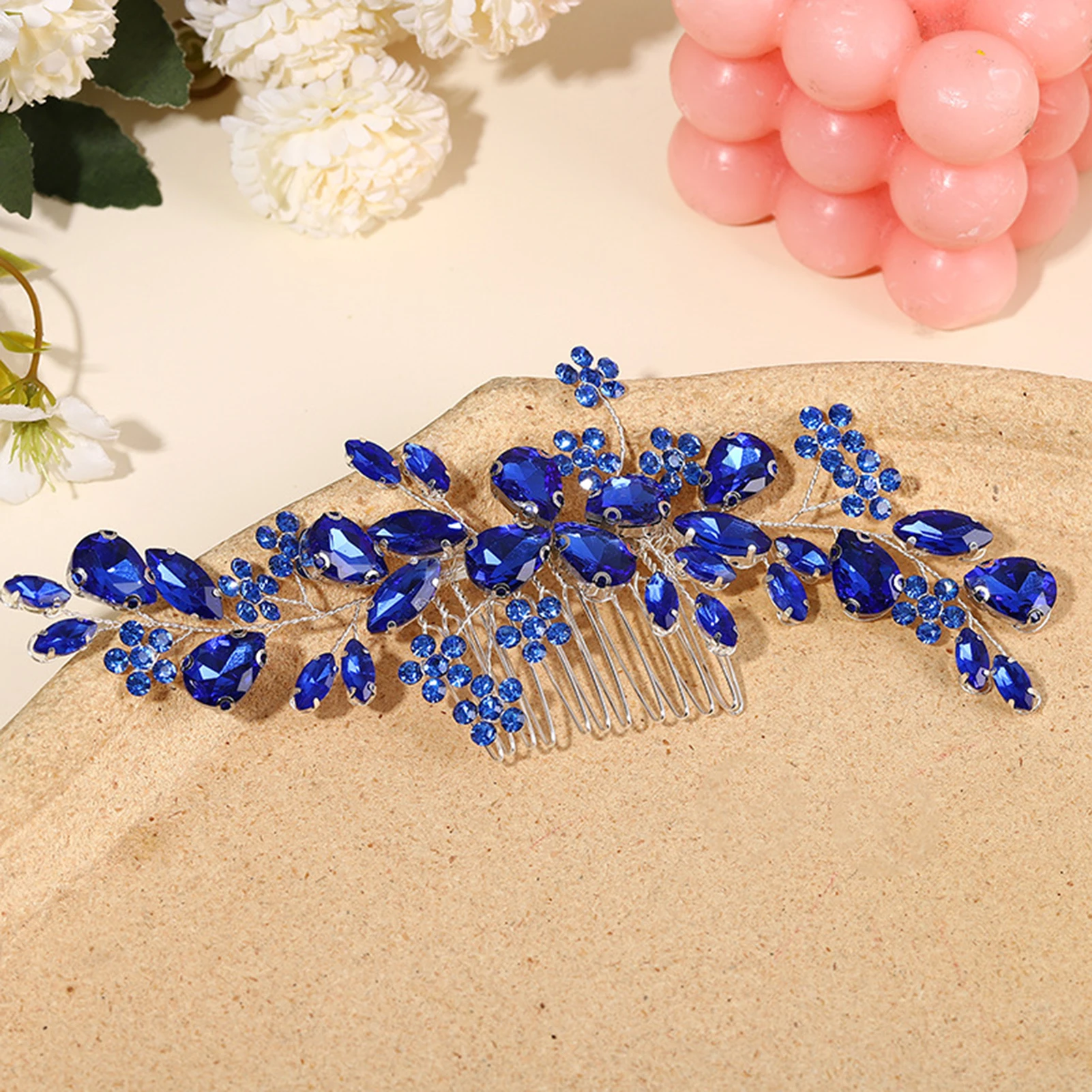 Blue Rhinestones Hair Combs Headdress Stable Grip Luxurious Beauty Jewelry Headwear for Valentine's Day Christmas Gift