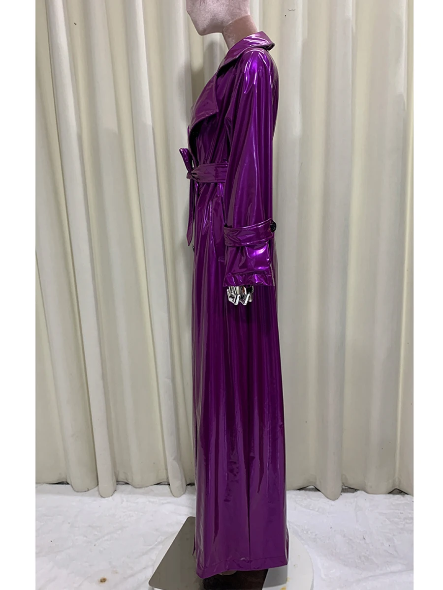 

Spring Autumn Extra Long Shiny Reflective Soft Thin Bright Purple Faux Leather Coat Women Luxury Designer Floor Length Clothes