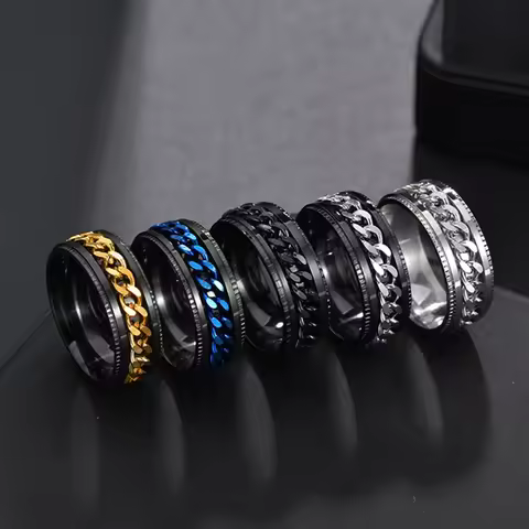 Western Fashion Simple Design Rotatable Chain Ring Silver Black Gold Color Titanium Steel Rings For Men Women