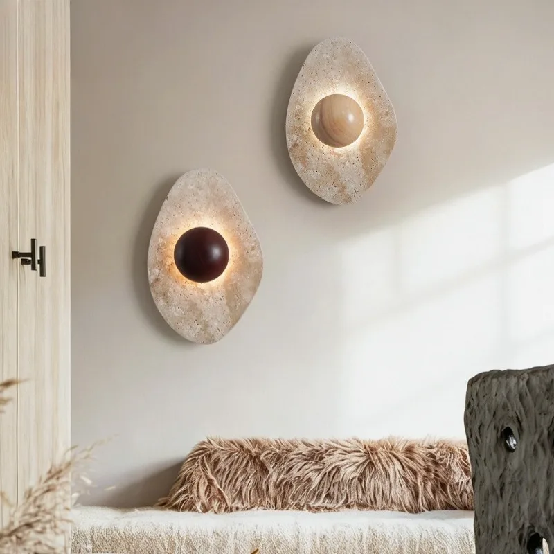 Interior Design LED Wall Light Sconce Wabi Sabi Yellow Travertine Stone Wood Balcony Bedroom Bedside Lamp Applique Murale