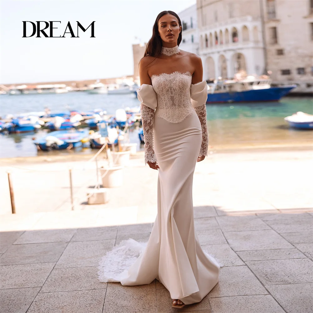 DREAM Elegant Lace Mermaid Wedding Dresses Women Strapless Open Back Bows Long Sleeve Bridal Gown Vestidos De Noiva Customized