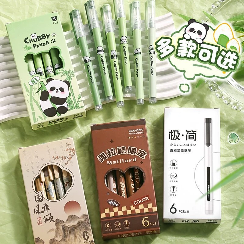 6Pcs/set Kawaii Panda Needle Type Gel Pens 0.5mm Straight Liquid Ballpoint Pen Writing tools Stationery School Office Supplies