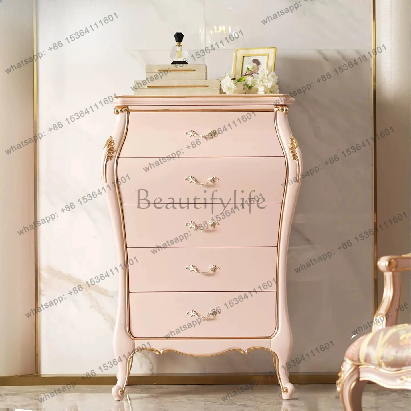 

French light luxury solid wood chest carved pink European court princess storage cabinet