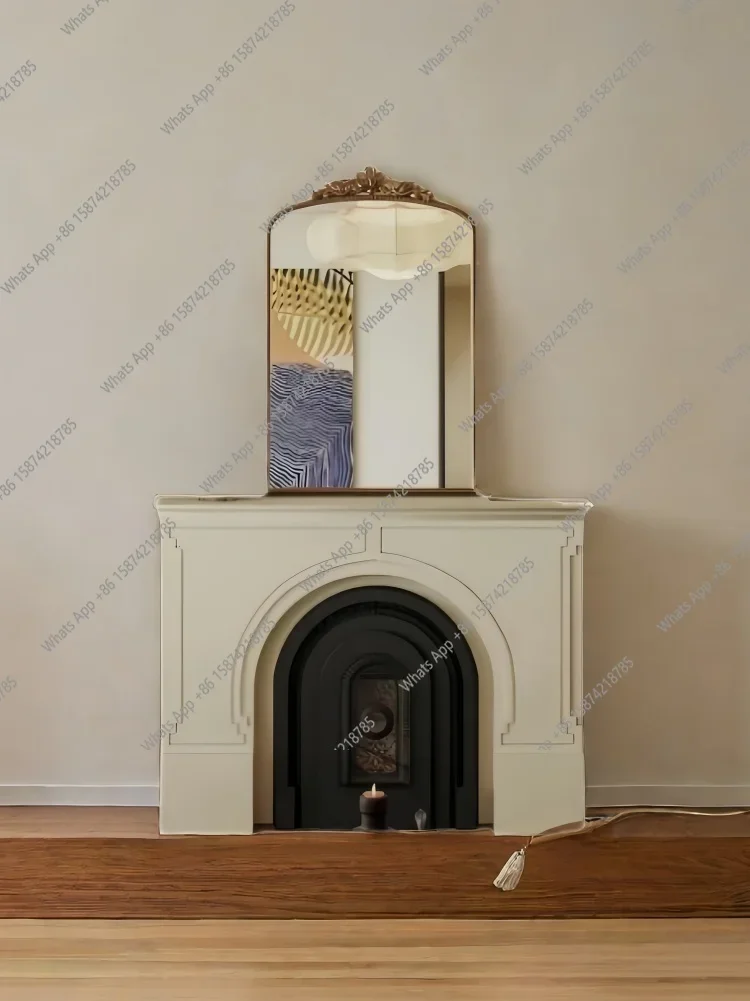C French Solid Wood Carving Flower Fireplace Decorative Frame American Retro Cream White Home Narrow Fireplace Cabinet