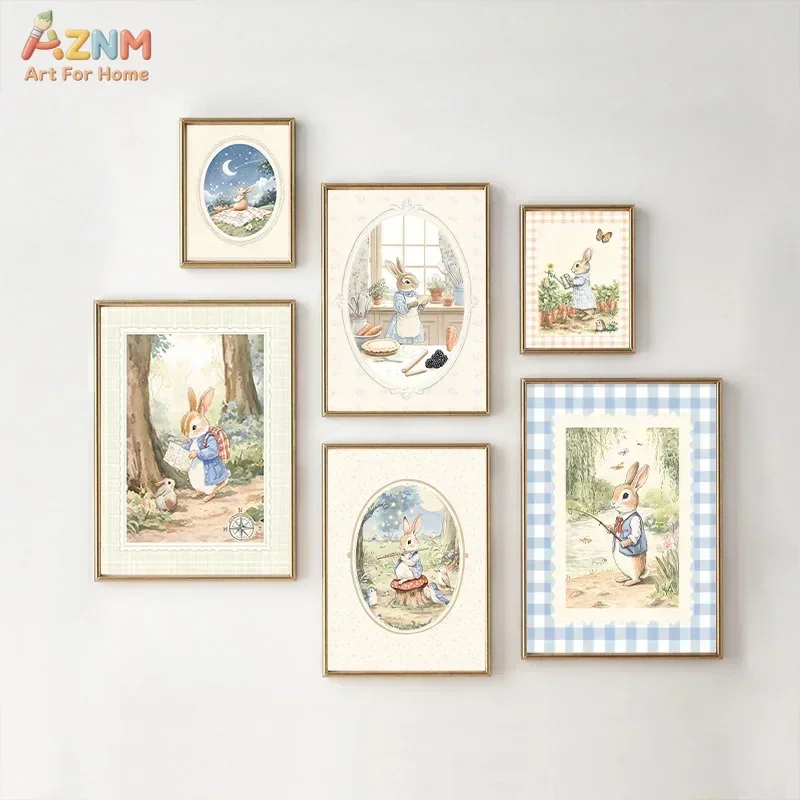 AZNM Blue Gingham Peter Rabbit Canvas Wall Art Vintage Bunny Forest Watercolor Poster Print Baby Boy Nursery Gallery Decor Unfra