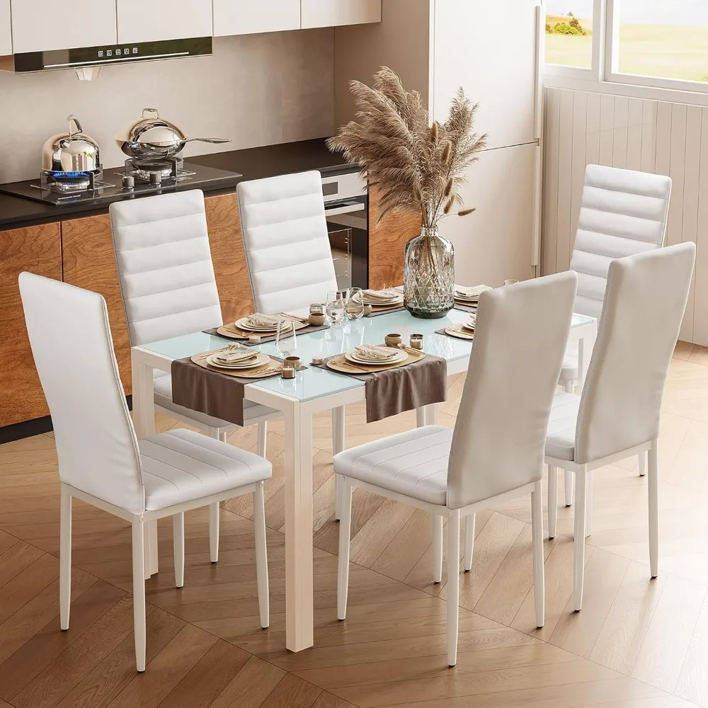 

Kitchen Dining Table Set for 6, Tempered Glass 7 Piece Table and Chairs Set Modern for Home, Kitchen, Living Room, Dinin