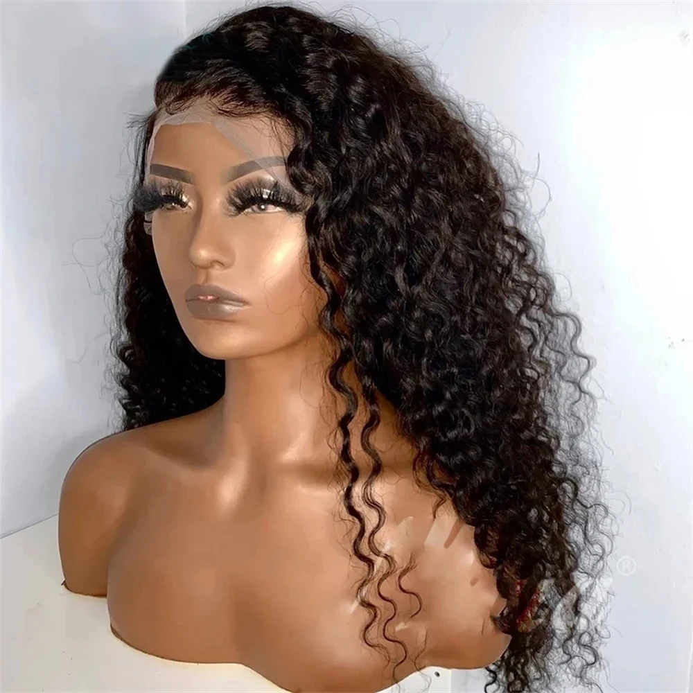 Soft 180%Density 26Inch Natural BlackKinky Curly Deep Lace Front Wig For Black Women Babyhair Glueless Preplucked Heat Resistant