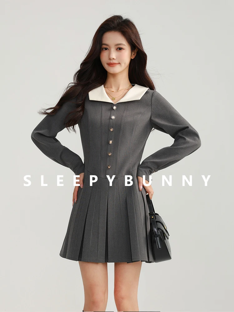 

Contrast Collar Pleated Mini Dress Women High Waist A-Line School Style Short Dress Slim Long Sleeve Preppy Outfit Daily Wear