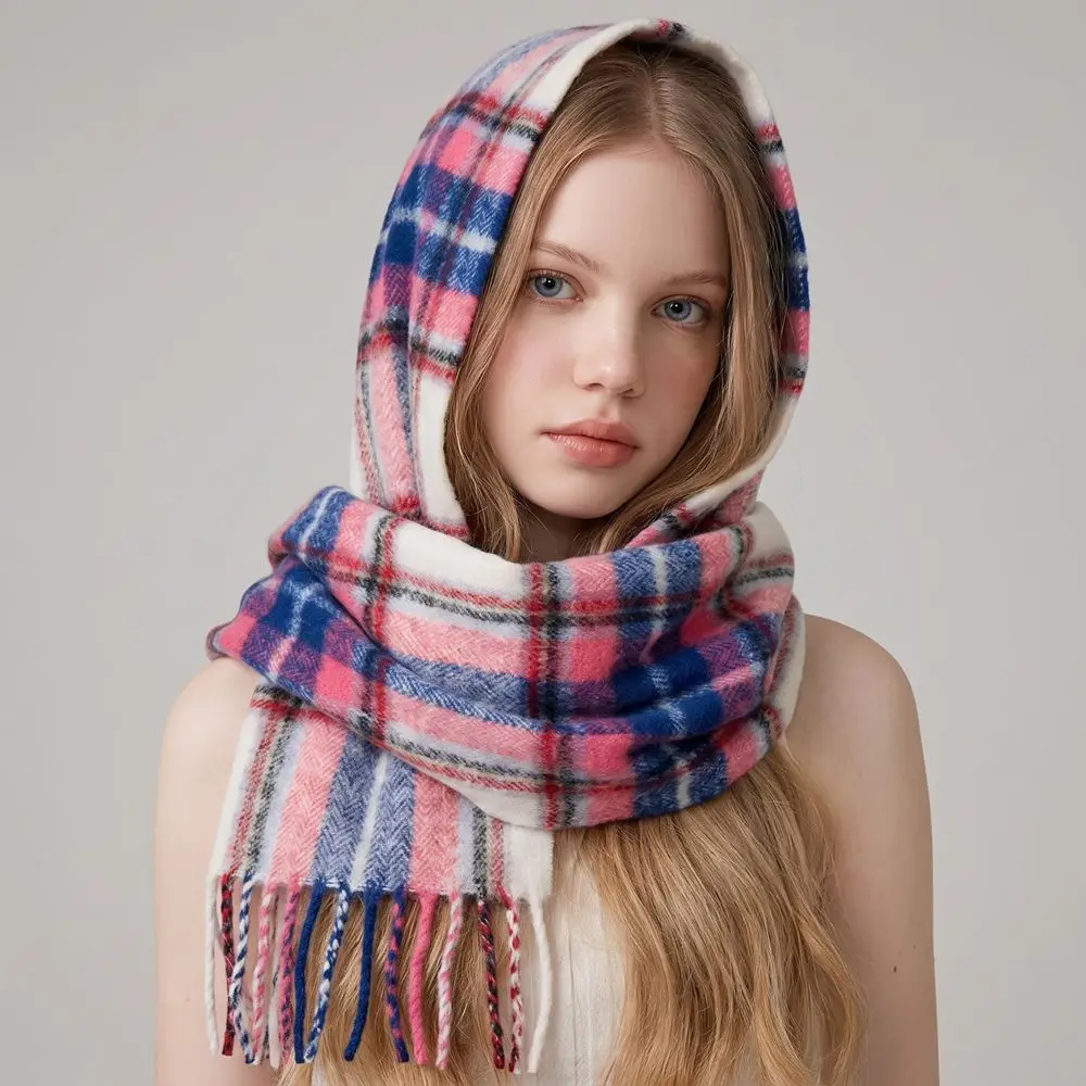 Elegant Long Plaid Scarf Plush Retro Winter Cashmere Scarves Wool Preppy Women Cape Women/Men