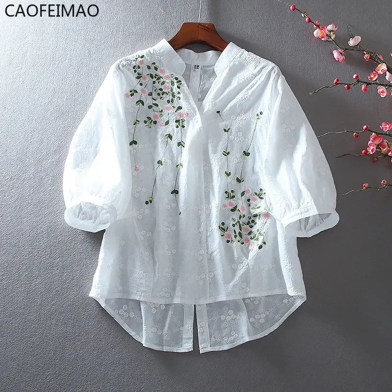 Literary Cotton Shirts for Women Embroidery Flowers Woman Blouses V-neck Half Sleeve Lace Blouses Summer Thin Top Female Shirt