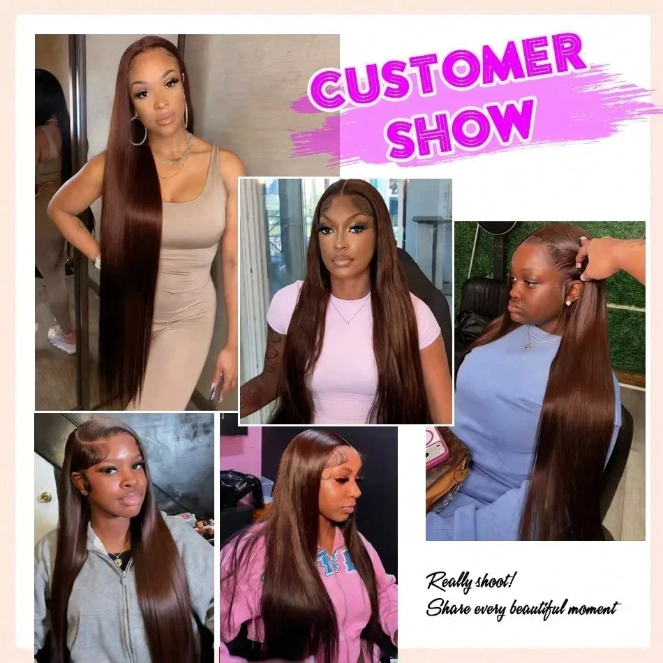 13x4 HD Lace Front Chocolate Brown Straight 13x6 Lace Frontal Wigs Human Hair  Colored Deep Wave Human Hair Wigs For Women 220 Density Preplucked view 6