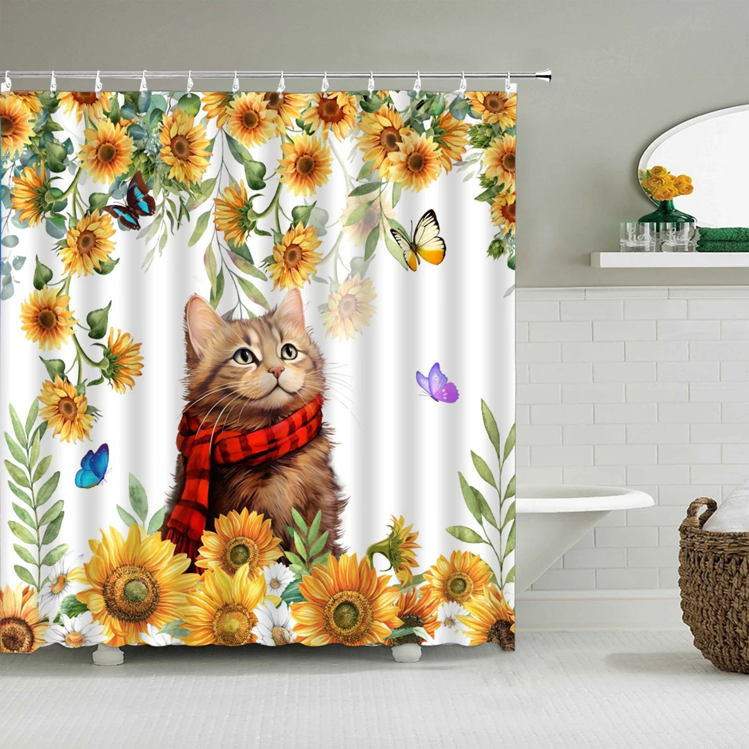 Farm Animal Shower Curtain, Sunflower Vintage Wooden Panel Cow Horse Donkey Cat Autumn Butterfly Pumpkin Bathroom Decoration