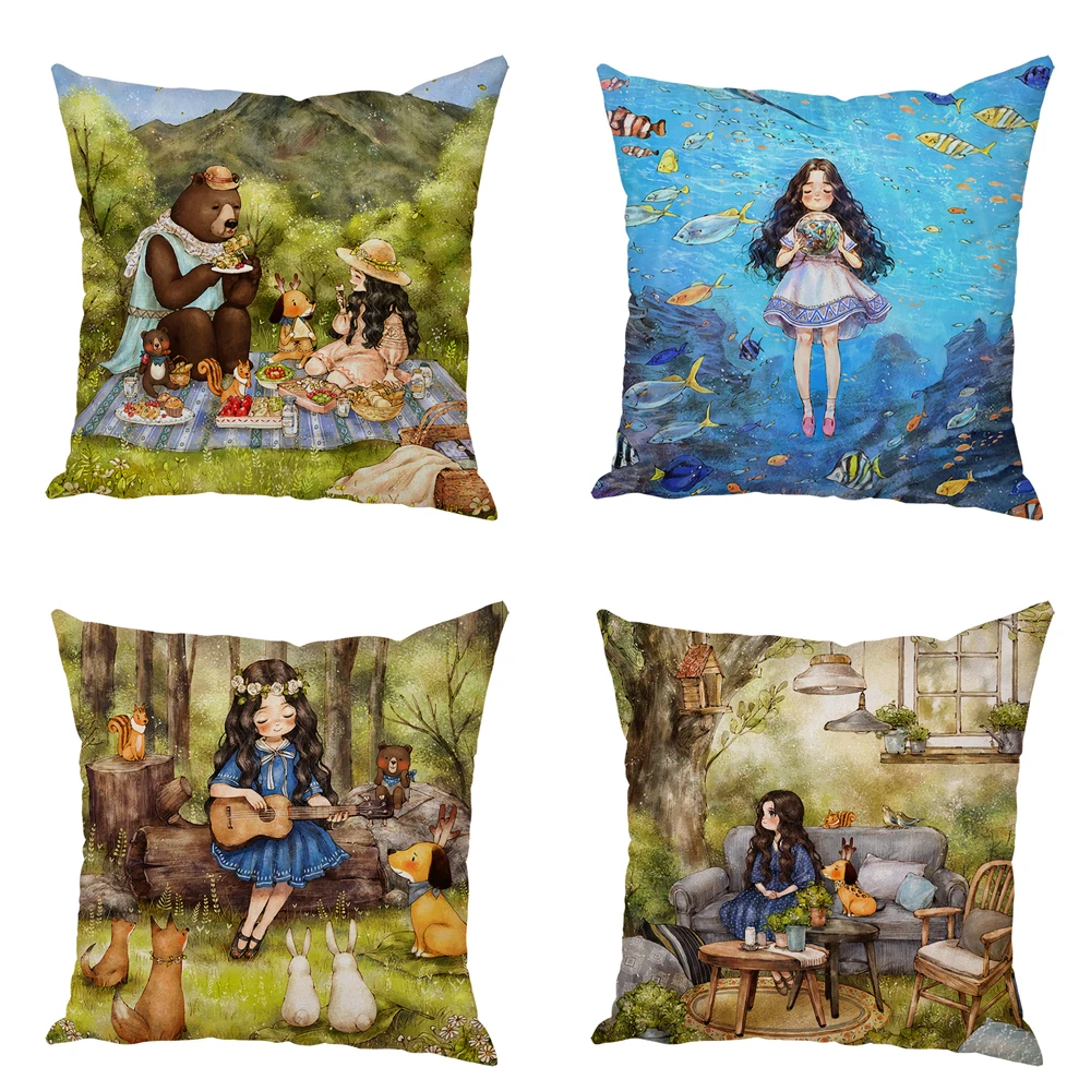 Cute Cartoon Girl Fairy Tale World Pillowcase Decor Lovely Child for Sofa Home Car Pillow Case Peach Skin Cushion Cover  45x45cm