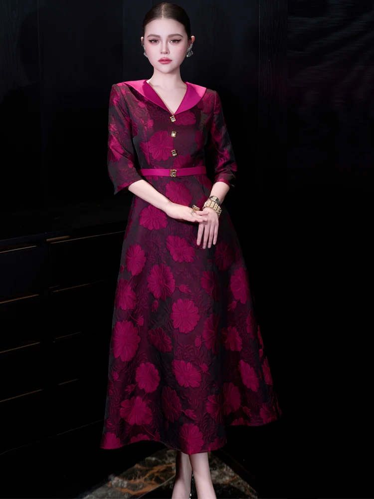 ชุดราตรีหรูหราสไตล์ฝรั่งเศส ผ้าแจ็คการ์ด ทรงเอ เอวสูง ดีไซน์เรียบหรู ยาวสำหรับผู้หญิง ฤดูใบไม้ผลิ 2026