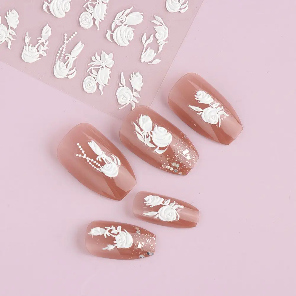 تصميم الزفاف الشارات المنزلق ذاتية اللصق 5D ملصقات الأظافر الزهور يترك تنقش #6