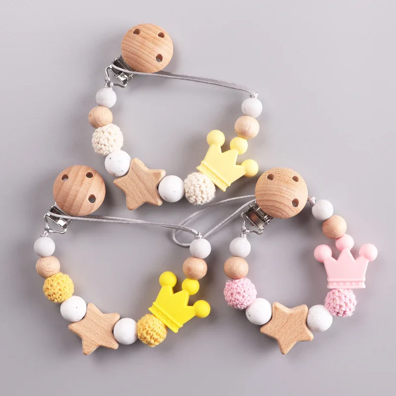 Baby Holz Häkeln Runde Perle Schnuller Kette Holz Stern Schnuller Halter Clip Für Baby Beißring Zahnen Kette Pflege Kauen Spielzeug Geschenk