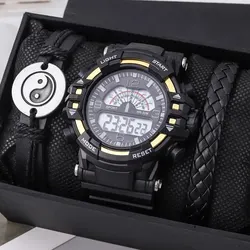 Men Fashion Sports Digital Watches Calendar Date Male Black Leather Bracelet Set Luxury Casual Watches For Man