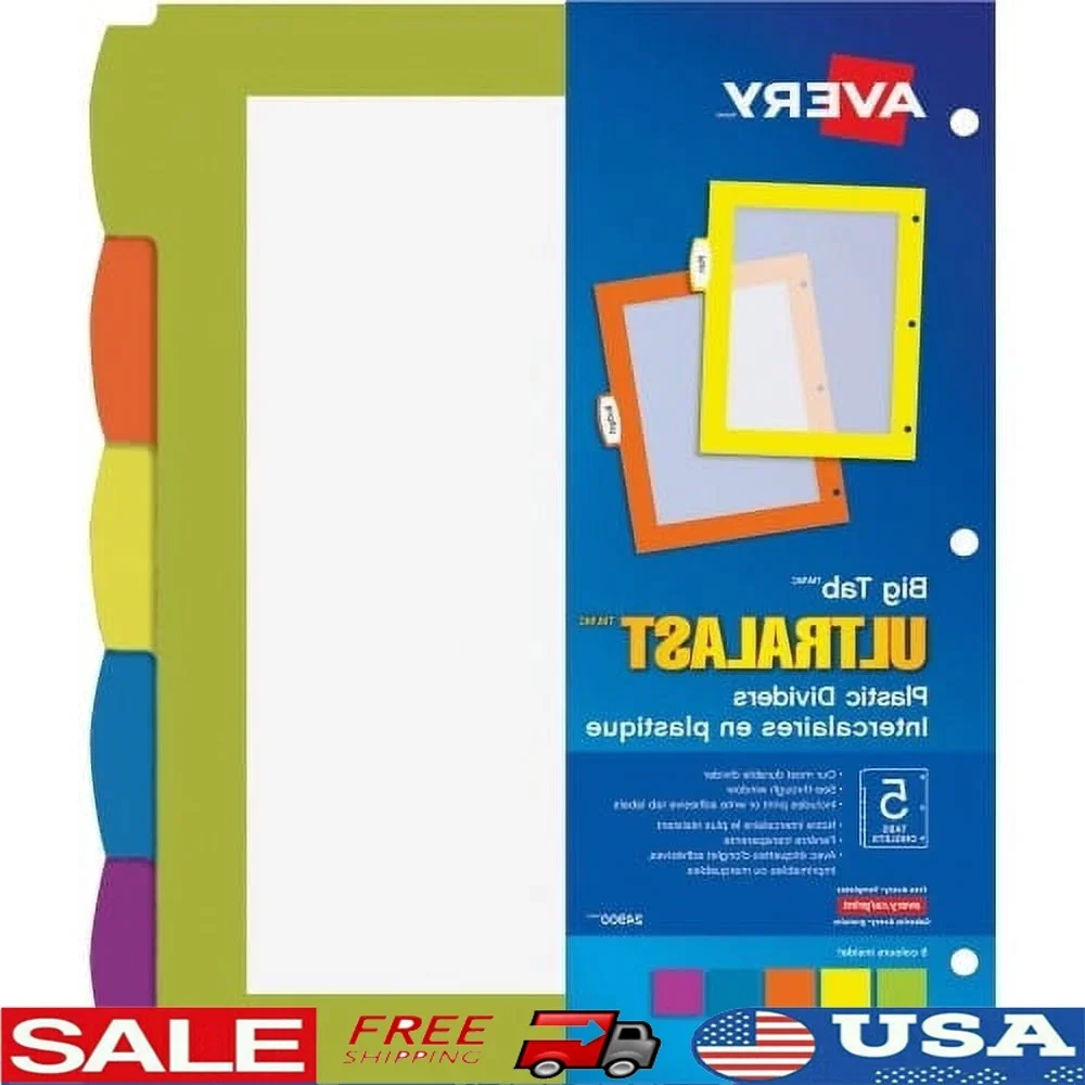 

Ultralast Big Tab Plastic Dividers 5-Tab Set Durable Multicolor Adhesive Labels Extra Strong Transparent Office School Home Use