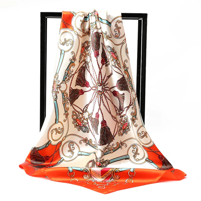 Luxus Marke Platz Silk Schal Frauen Satin Druck Hijab Schals Muslimischen Pareo Bandana Weibliche Schal Wrap Stirnband Foulard 90*90 cm – Detail 5