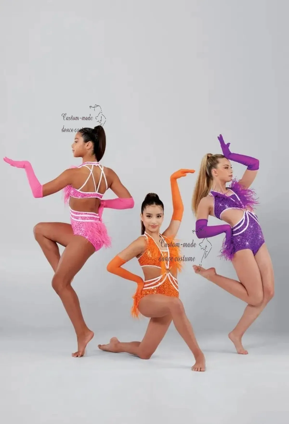 Traje de Danza con Lentejuelas Brillantes para Niñas, Leotardo con Adornos de Plumas, Espalda Cruzada y Guantes Largos, Hecho a Medida para Jazz, Tap y Danza Lírica