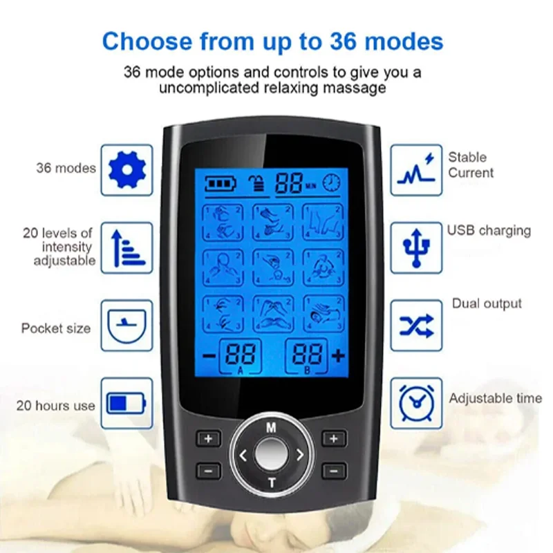 Tens Muscle Stimulator 36-Mode Electric EMS Acupuncture Body Massage Digital Therapy Slimming Machine Electrostimulator