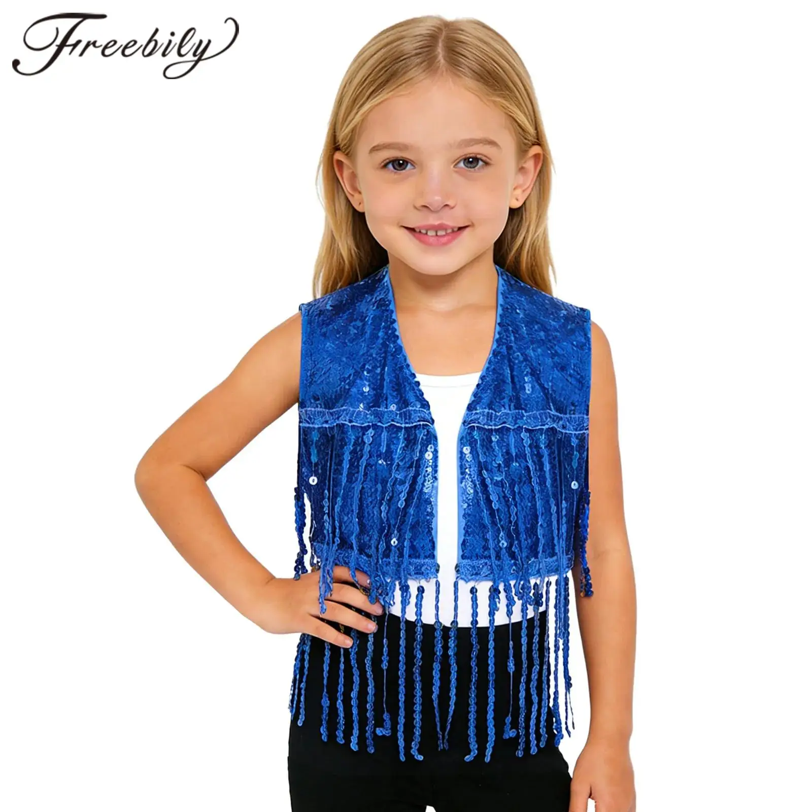 Girls Sequin Tassel Sleeveless Vest Children's Hiphop Jazz Dance Costume Fringed Waistcoat Kids Cha-Cha Performance Dancewear