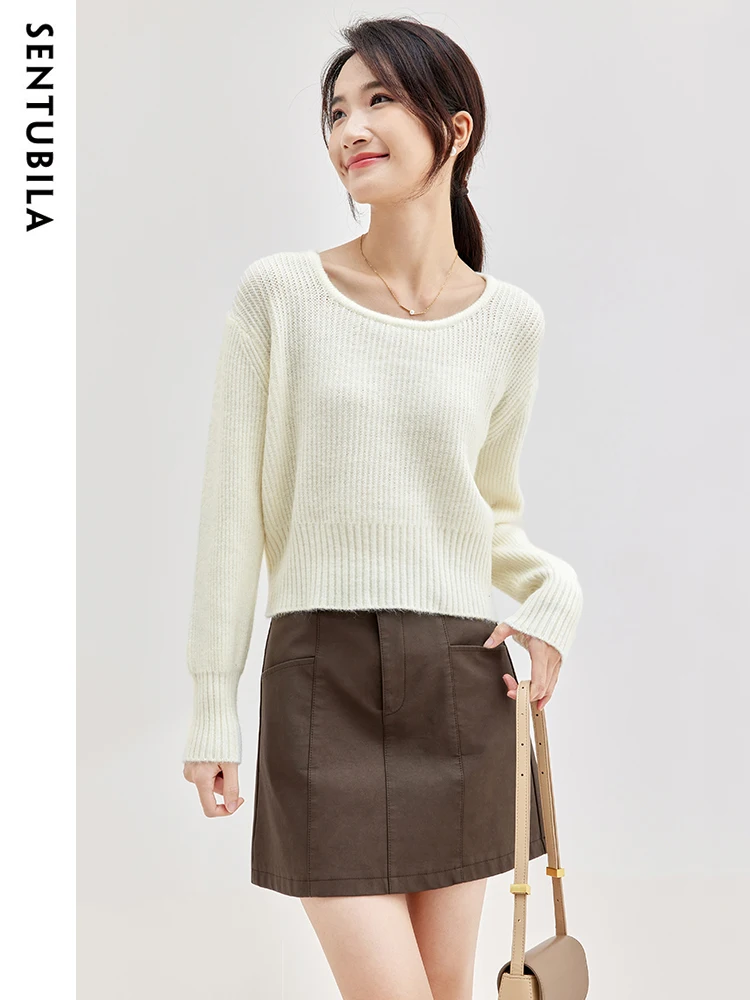 

SENTUBILA Women Pullover Crop Knitted Sweater 2025 Spring High Strecth Soft Long Sleeve Knitwear Woman Jumper Clothing W33E51091