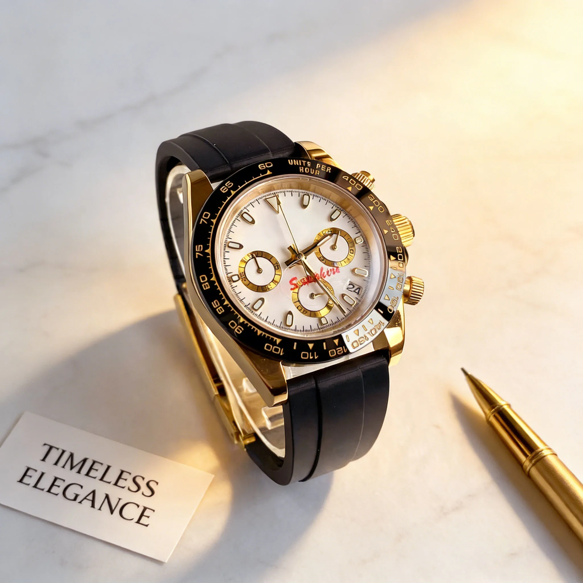 Business Golden Coating 39mm Sapphire Glass Japan VK63 Quartz Movement Men Multi-functional Chronograph Watch Black Rubber Strap