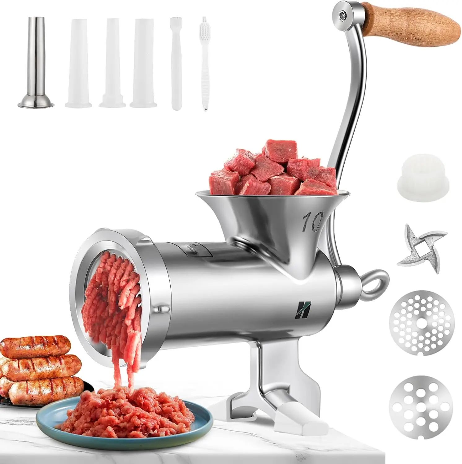 Stainless Steel Meat Grinder Manual with Table Clamp Sausage Maker Grinders for Home Use for Chicken,Beef,Small Bone,Chili HZ-10