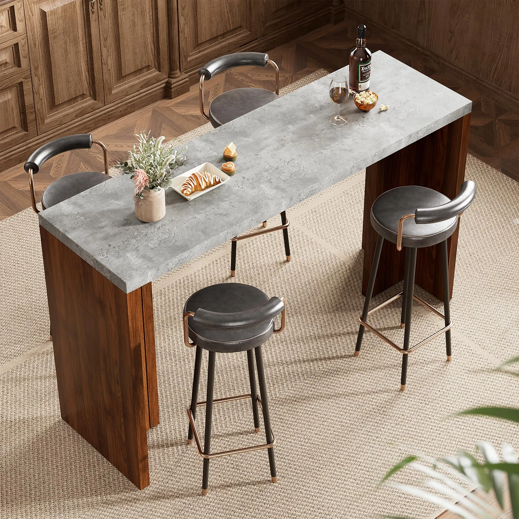 

Modern Rectangular Bar Table With Faux Marble Top And Walnut Legs For Kitchen Dining Living Room