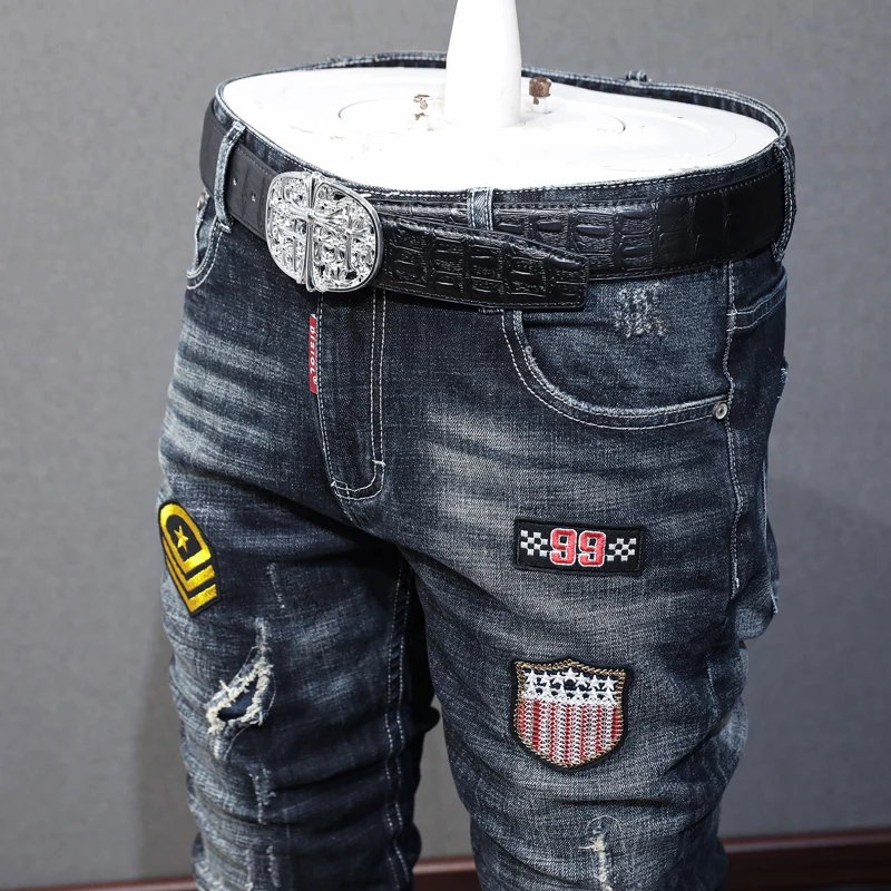 Street Fashion Men Jeans Retro Black Gray Elastic Slim Ripped Jeans Men Vintage Trousers Patches Designer Hip Hop Pants Hombre