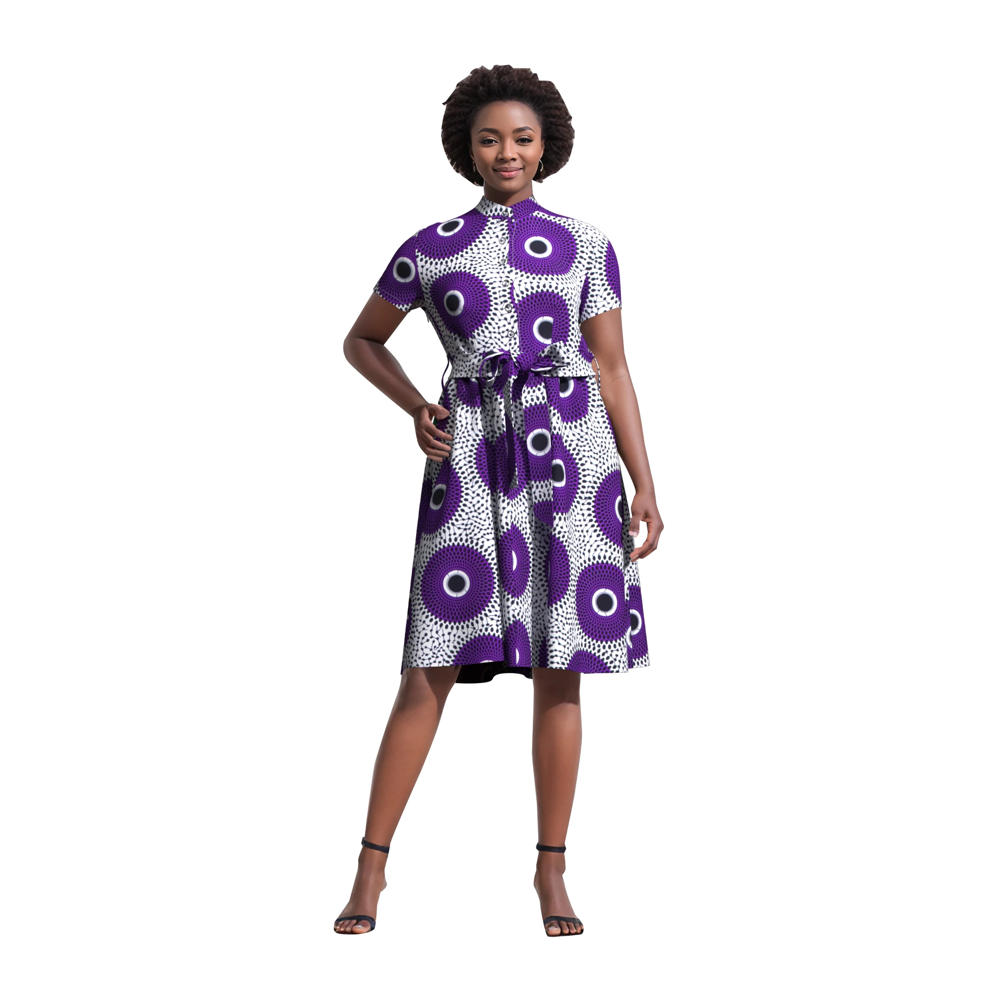 New African High Collar Dresses for Women Dashiki Print Button Knee Length Dresses with Belt Women African Clothing WY6071
