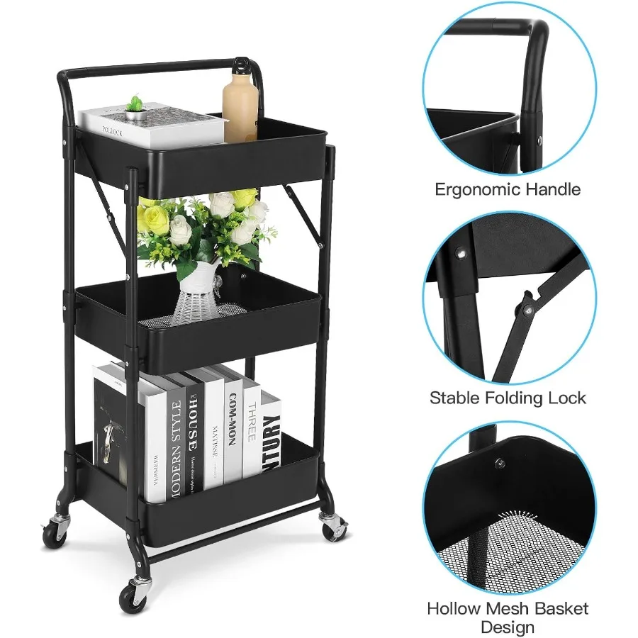 Foldable 3 Tier Metal Utility Rolling Cart with MultiFunction Design for Home Library and Office Storage Compact Mobile Organiz
