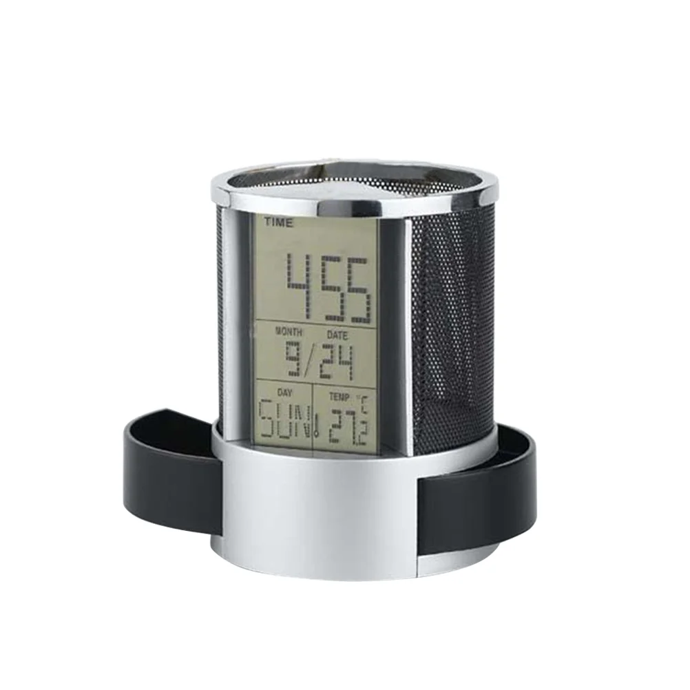 

Clock Pen Holder for Desk Calendar Pen Container Time Display Organizer Metal Plastic Safe Multifunctional Home Office