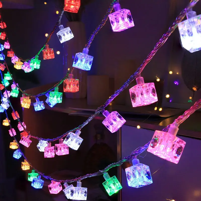 Mehrfarbige warme Eiswürfel-Lichterkette, Feen-Nachtlampe, Raumgirlande, Vorhang, Mädchen-Geburtstag, Hochzeit, Party-Dekoration, Lichter