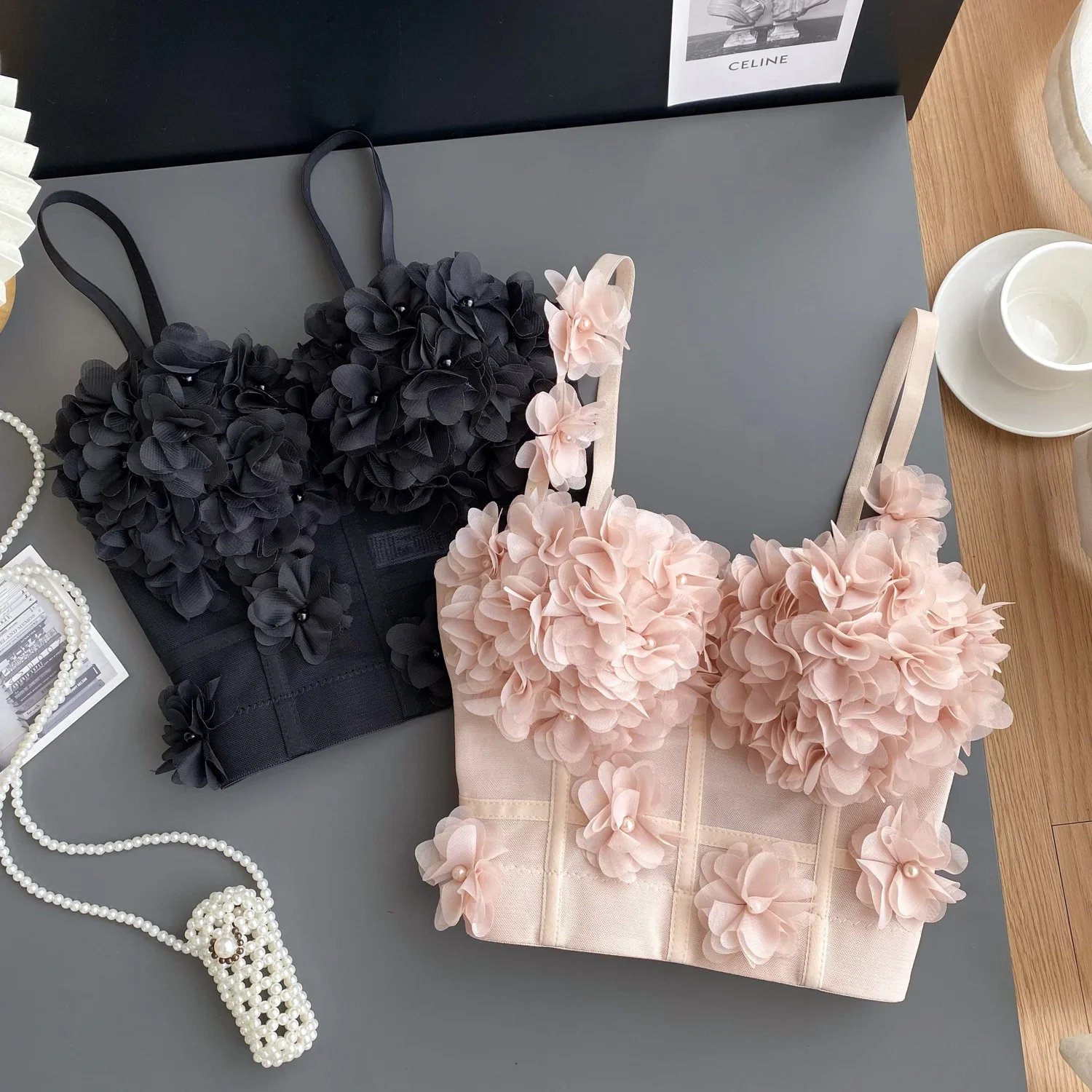 

Sweet Memory Sleeveless Camisoles Tank Backless 3D Floral Straps Camis Short Top Summer Clothes