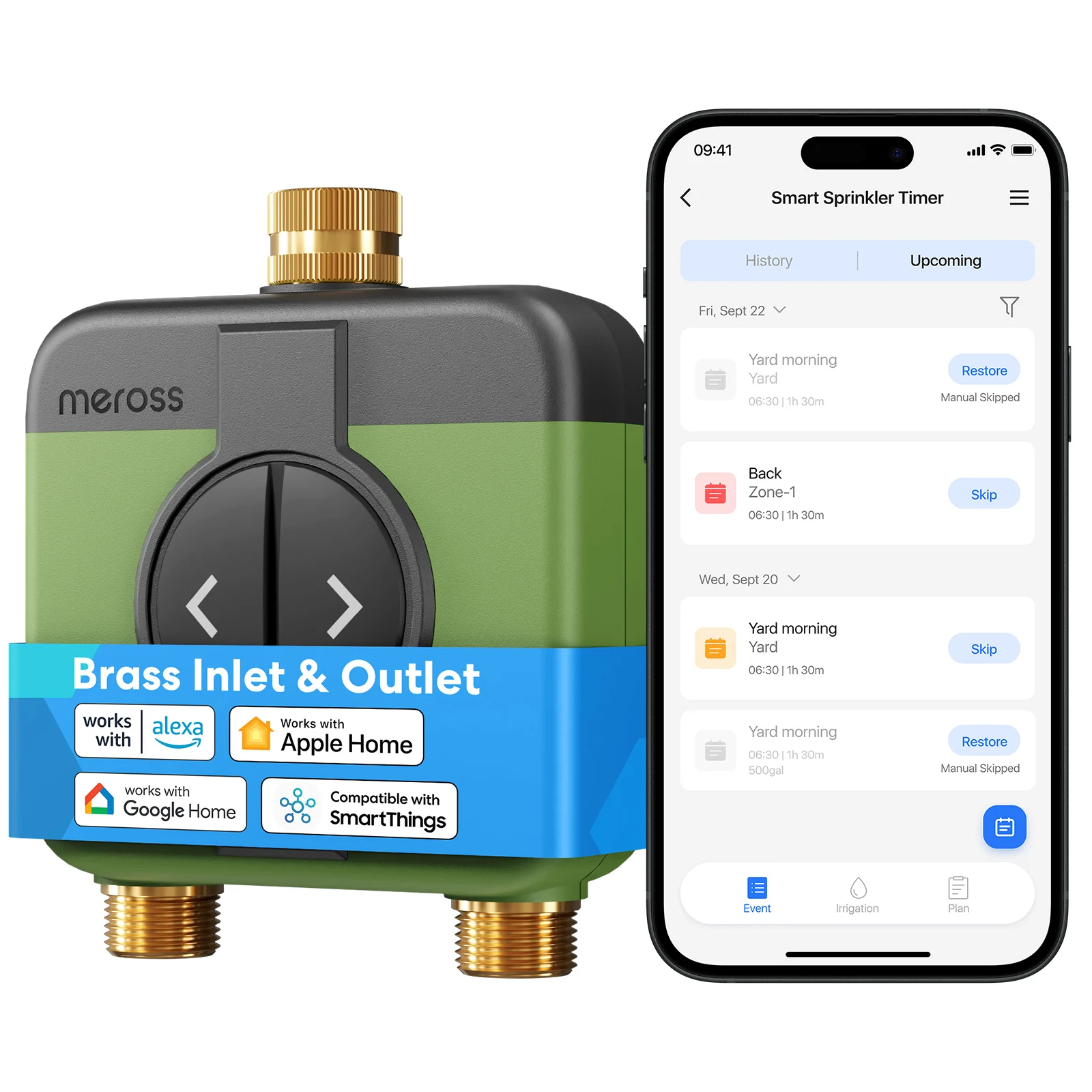 Programmateur d'arrosage intelligent Meross MST200 EU/US/AU, 2 zones d'arrosage, suivi de la consommation d'eau, programmation d'arrosage, compatible avec Apple Home, Alexa