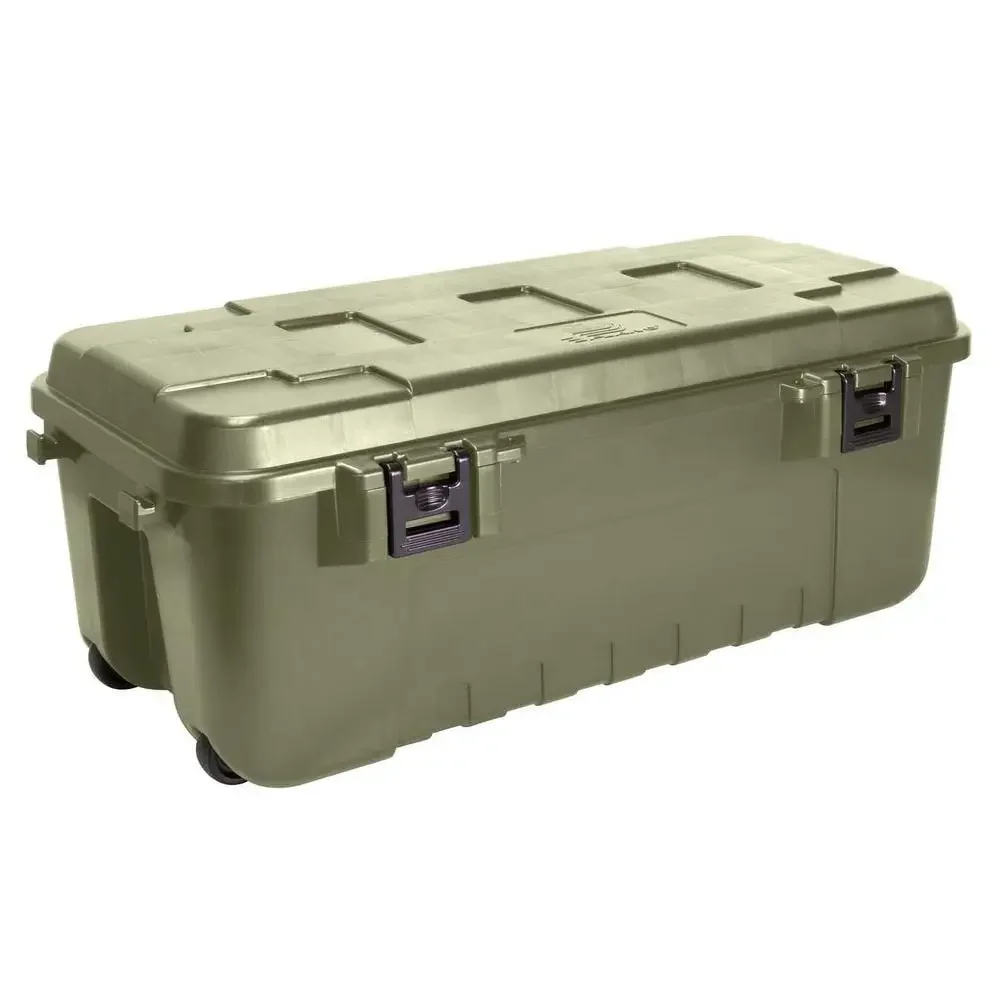 Portable Lockable 108-Quart Plastic Storage Trunk with Wheels and Tie-Down Points Ideal Tools Hunting Gear and Camping Supplies