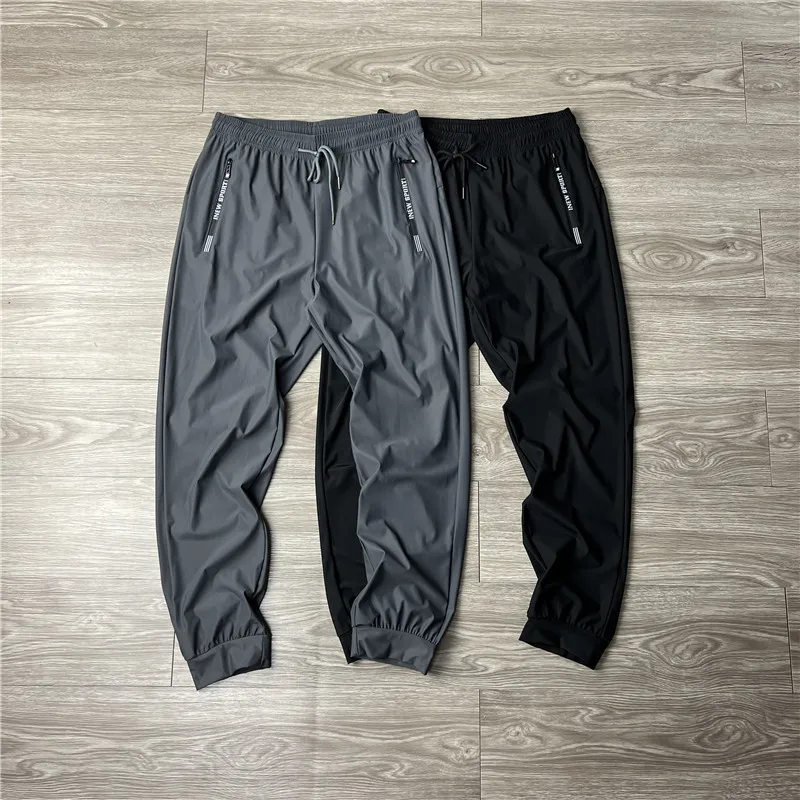 

Летние легкие дышащие спортивные повседневные брюки из ледяного шелка, мужские брюки с манжетами, эластичные, высокоэластичные, прямые брюки