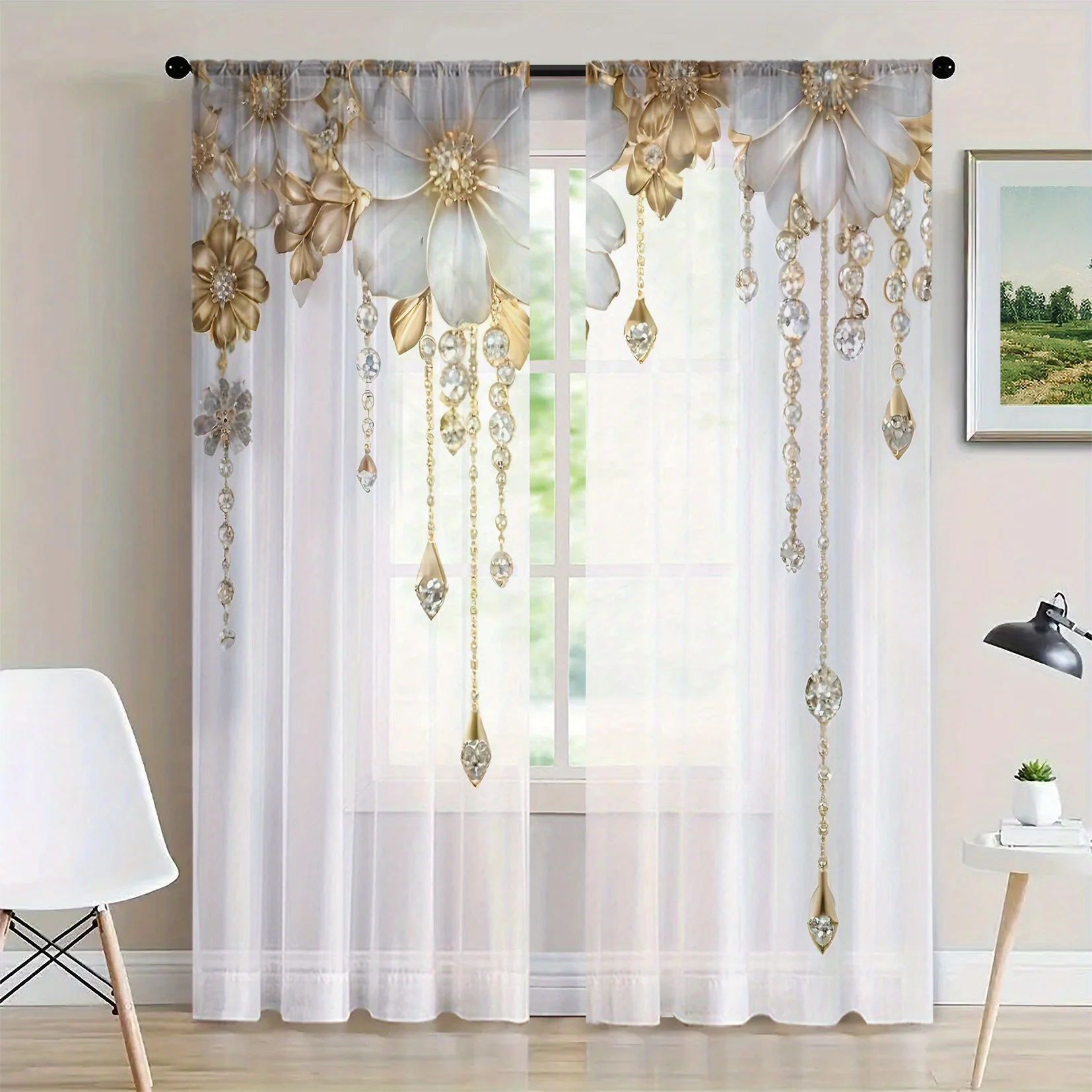 2pcs Elegant Gold and White Floral Sheer Curtains – Rod Pocket Design for Living Room Bedroom or Study