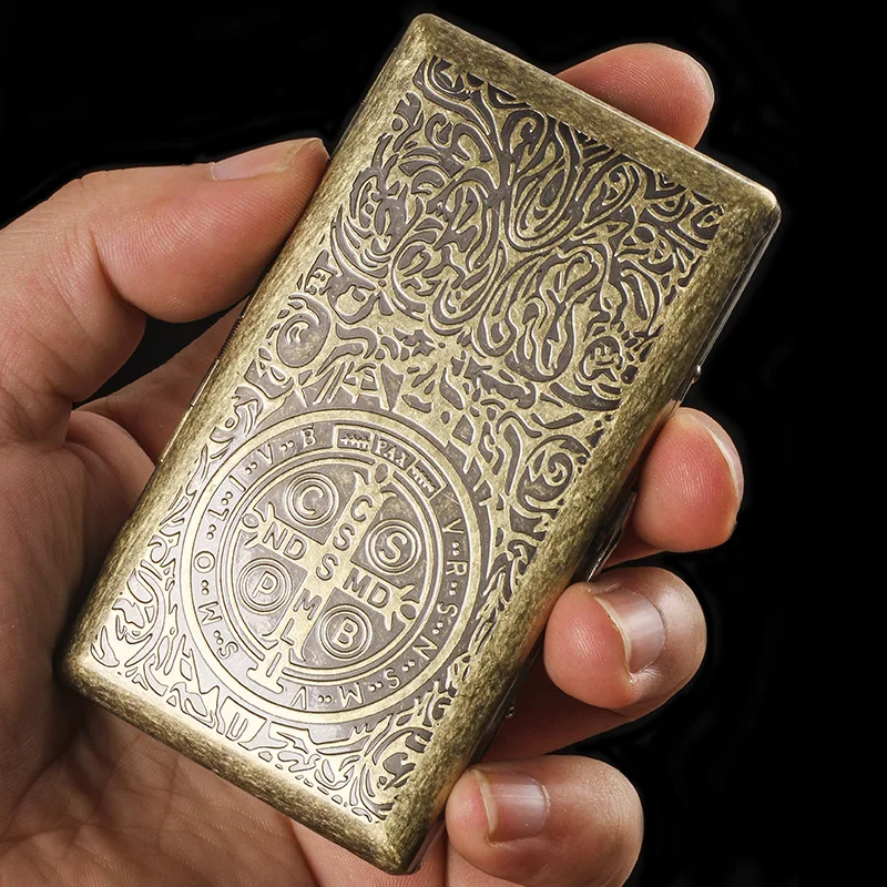 Carved Constantine Solid Brass Metal Cigarette Case, Holder, Holds 12 Cigarettes