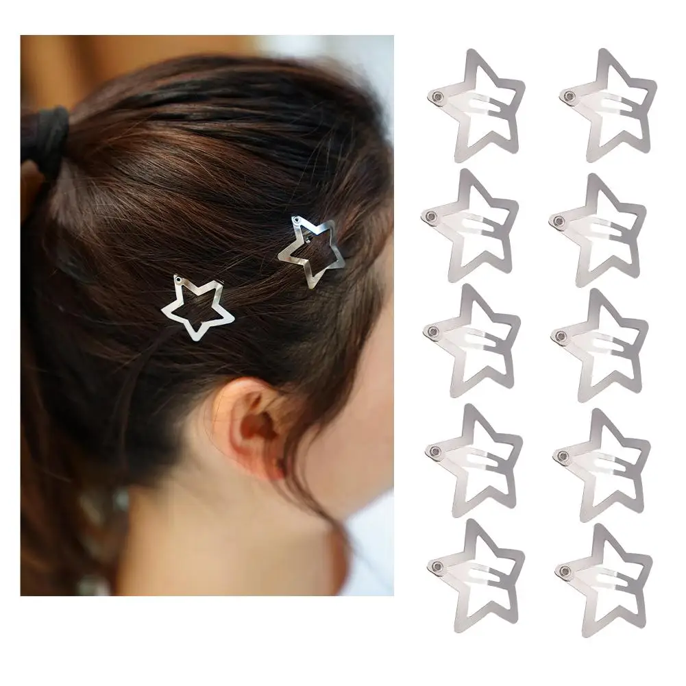 10 Pcs Silver Star BB Hairclips Girls Y2K Cute Star Barrettes Women Simple Snap Clip Metal Headdress Jewelry Hair Accessories