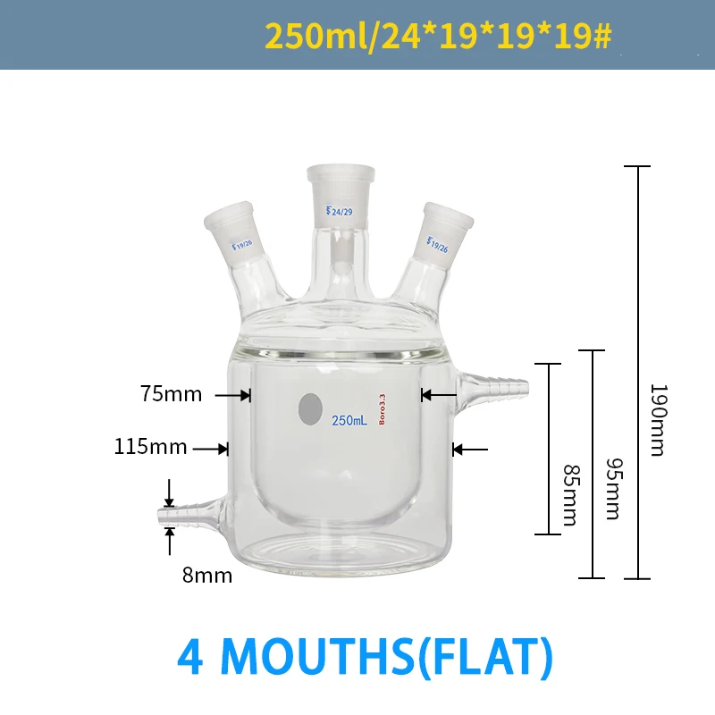 Four-neck jacketed reaction bottle double-layer reactor flat bottom laboratory flask glassware 250-10000ml