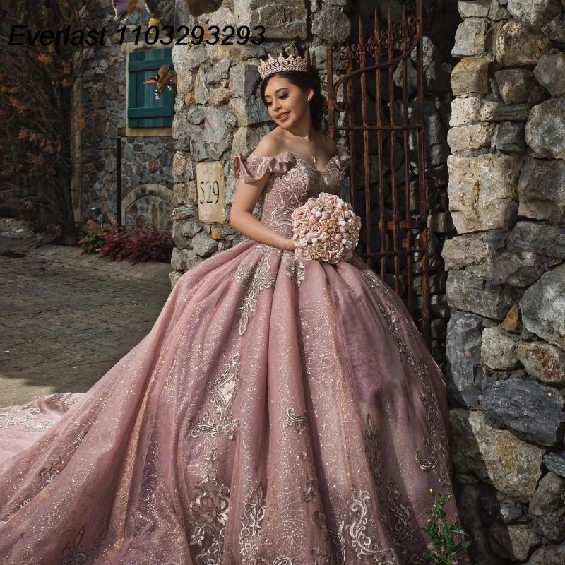 EVLAST abito Quinceanera rosa lucido abito da ballo Applique in pizzo argento con perline corsetto con spalle scoperte dolce 16 Vestido De 15 Anos TQD348