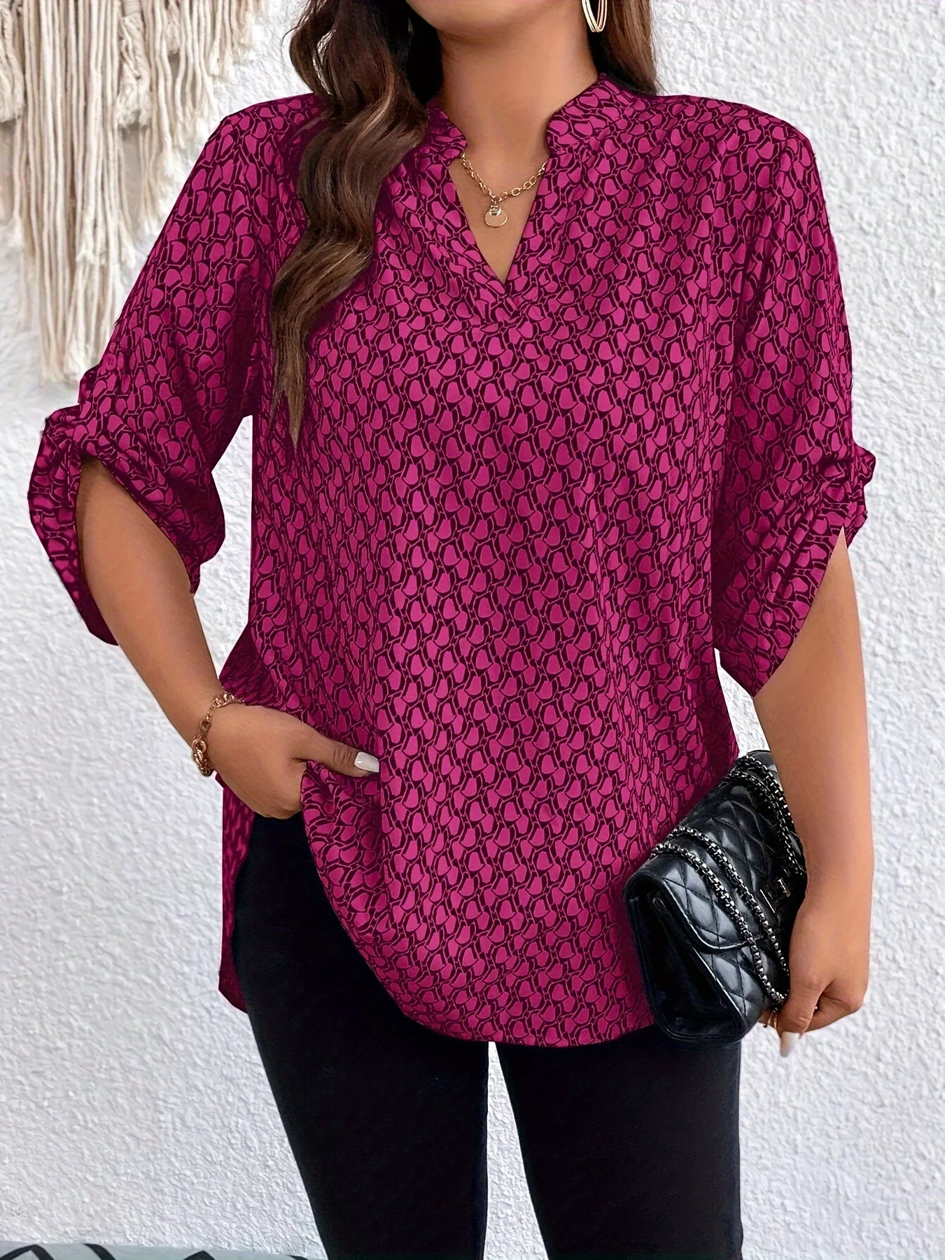 Plus Size 1XL-5XL Damska koszula z nadrukiem i dekoltem w szpic z zawijanymi rękawami Casual Top