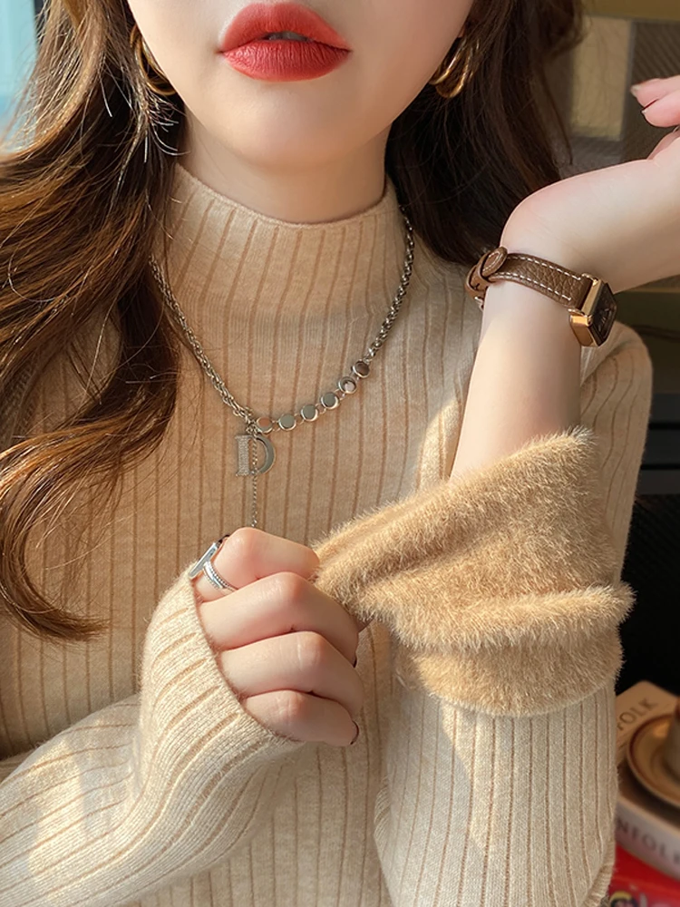 2025 Autumn Winter Thick Semi High Neck Bottoming Sweater for Women Warm Long Sleeved Faux Mink Fur Sweater Elegant Pullover