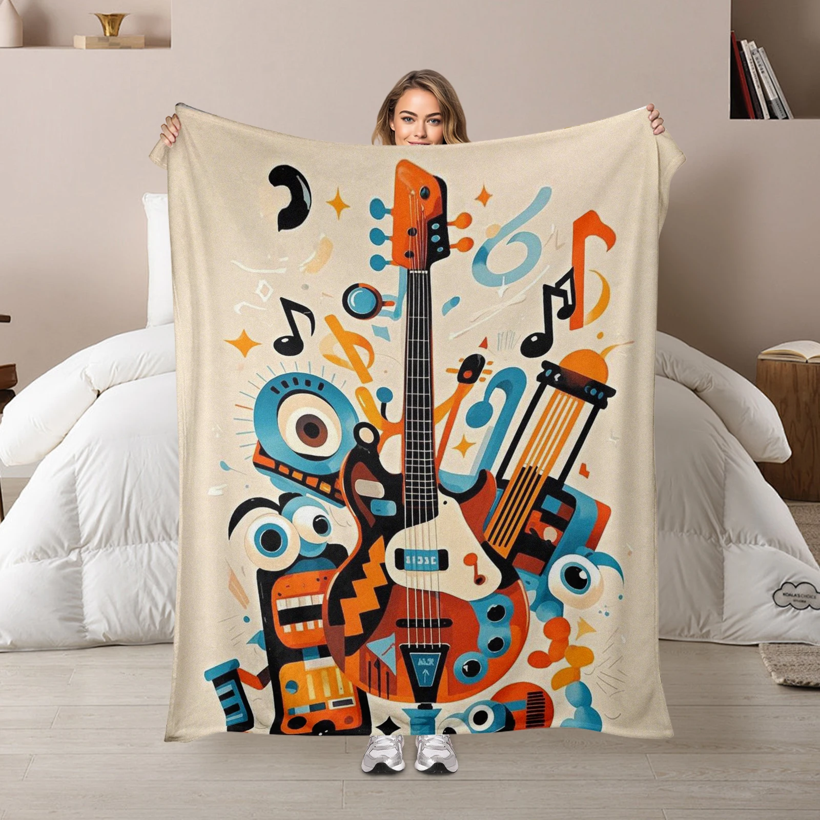 

Charming Music Festival Inspired Blanket With Cartoon Geometric Guitars, Perfect Gift For Family And Friends.
